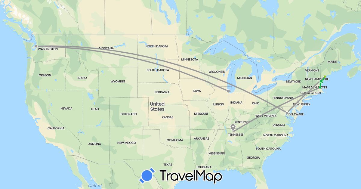 TravelMap itinerary: driving, bus, plane, electric vehicle in United States (North America)
